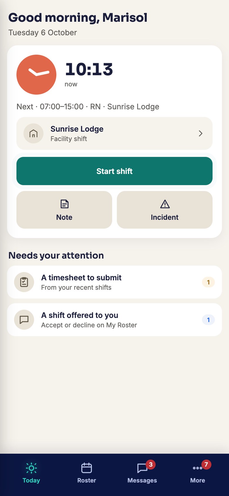 A staff member's day on their phone: the shift they are next on, where it is, and a button to start it