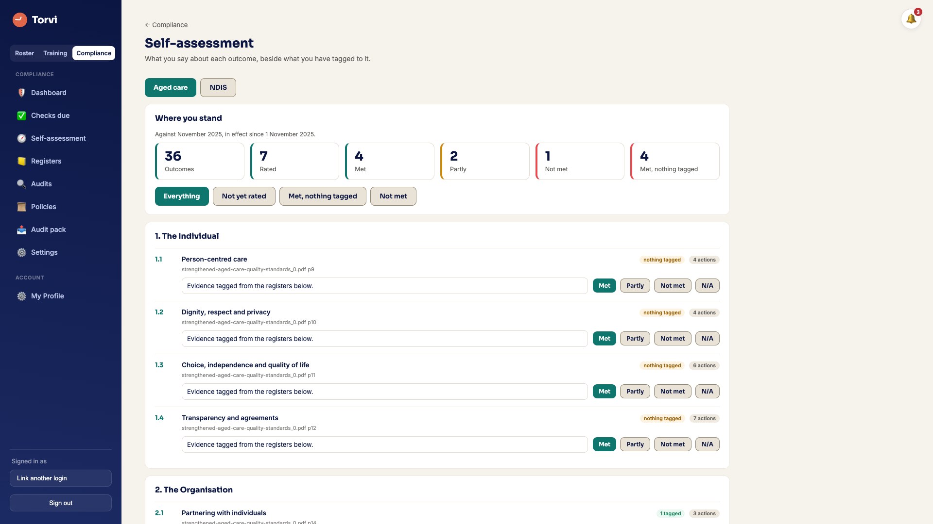 Self-assessment against the Aged Care Quality Standards, outcome by outcome