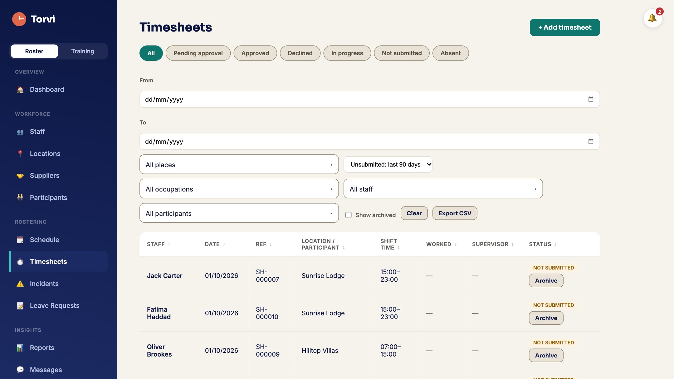 Timesheets waiting to be approved