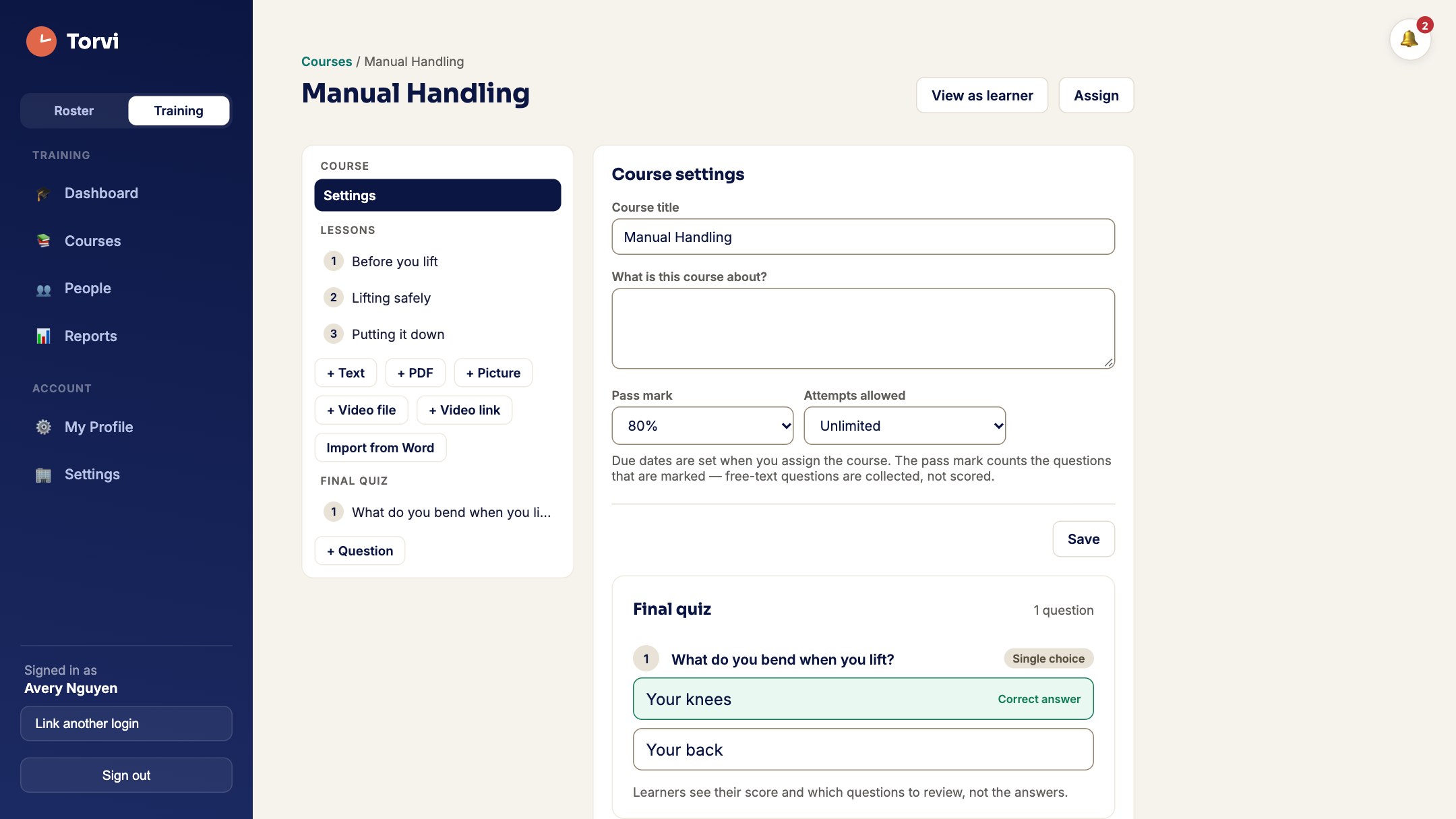 Building a course in Torvi LMS