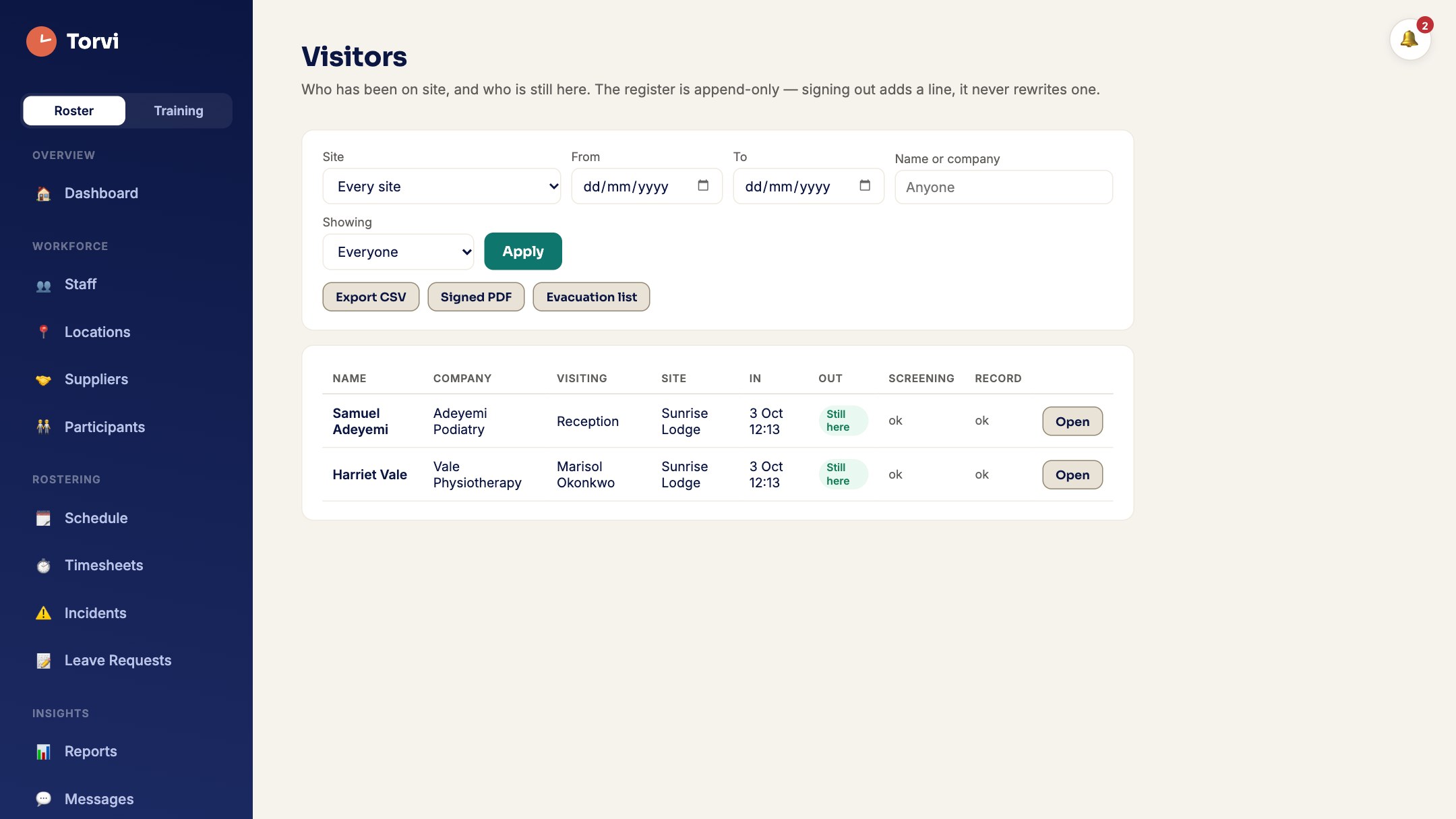 The visitor register